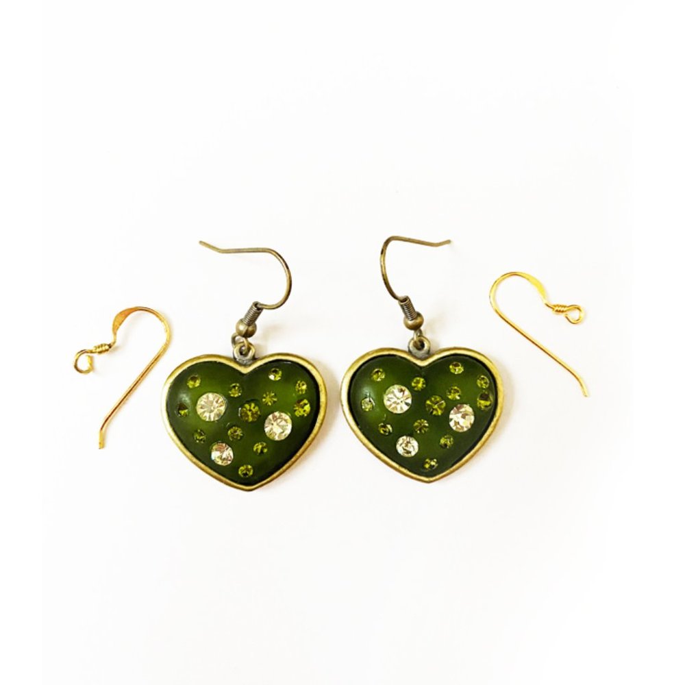 Handmade Earrings Green White Stones Heard Shape